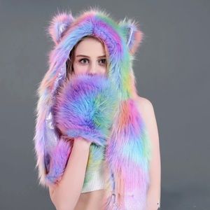SOLD: Faux Fur Hood Animal Hat Ear Flaps Hand Pockets Wolf Rainbow